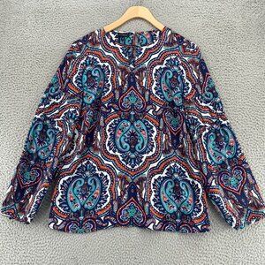 Talbots Top Womens Small Navy Multi Batik Peasant Long Balloon Sleeve Blouse